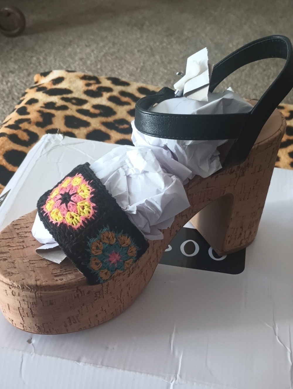 BAMBOO Black Crochet Strap Cork Platform Sandals with Multicolor Embroidery